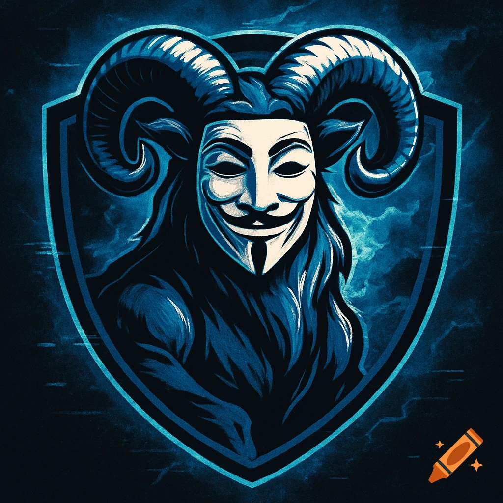 A stylized blue and black logo featuring a ram wearing an Anonymous mask within a shield emblem with electric effects.