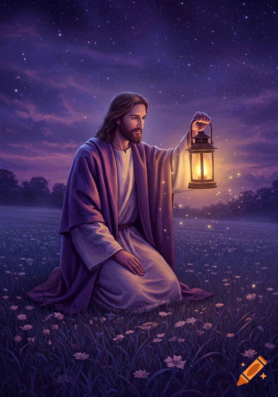 Jesus kneels in a dark, glowing field under a starry purple night sky, holding a lit lantern.