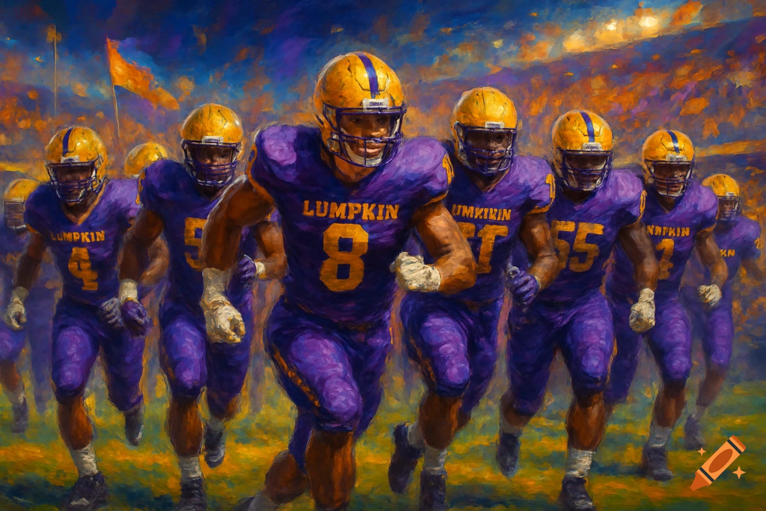 An impressionistic painting of a football team in purple and gold uniforms with gold helmets, running forward on a field under a dramatic sky. The word 'LUMPKIN' is visible on some jerseys.