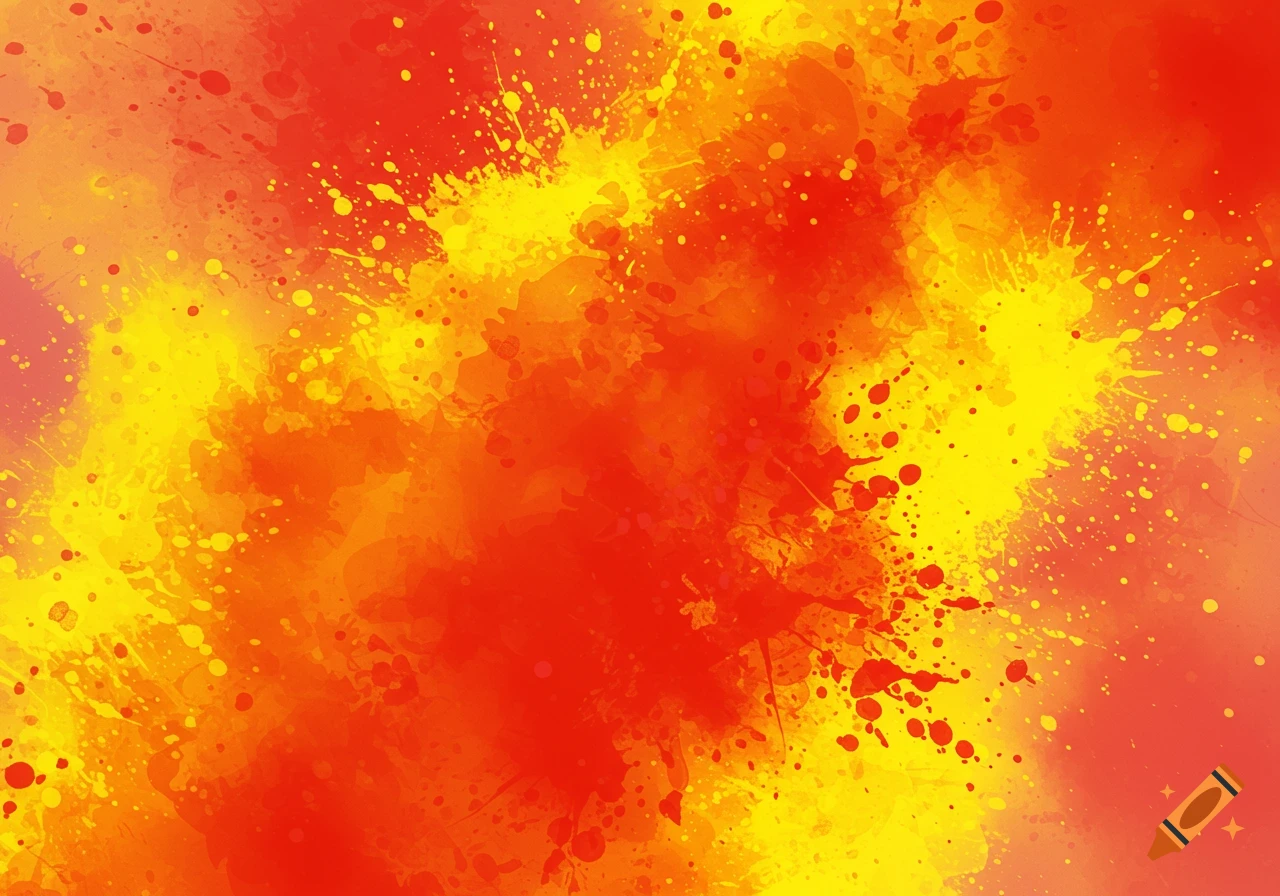 Abstract red and yellow paint splatters create a messy, energetic background with a cloudy feel.