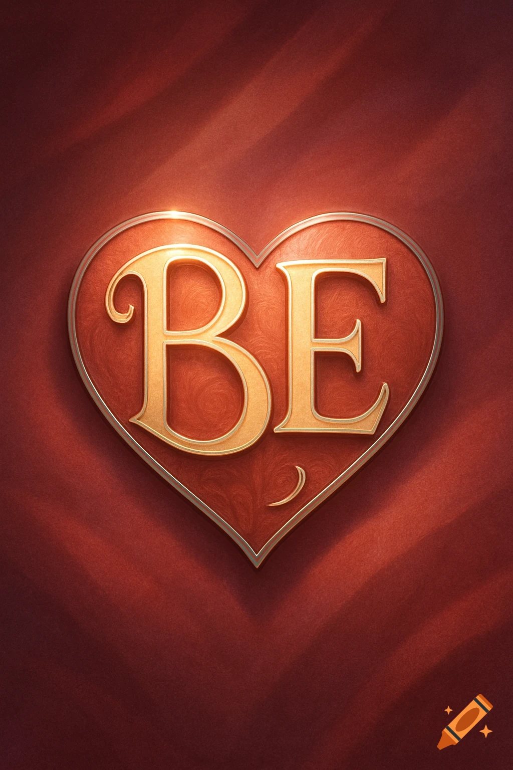 Golden 'BE' letters in a red heart on a textured crimson background with light rays.