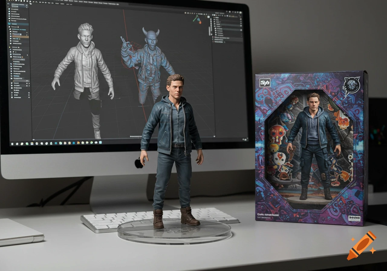 A detailed figurine of a man in a blue jacket stands on a desk beside a computer displaying 3D models and a collectible toy box.