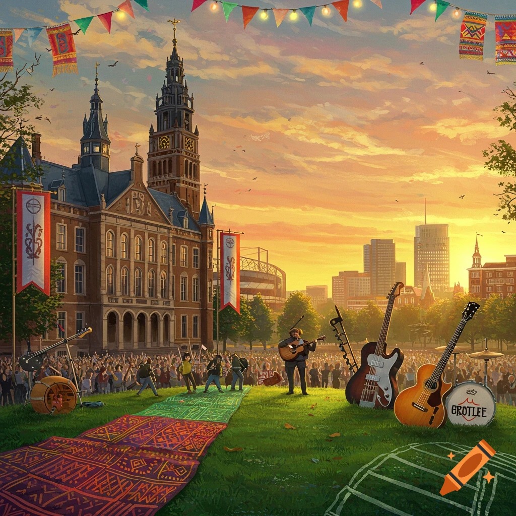 A vibrant outdoor music festival at sunset, with a large crowd in front of a grand university building and city skyline, featuring musical instruments in the foreground.