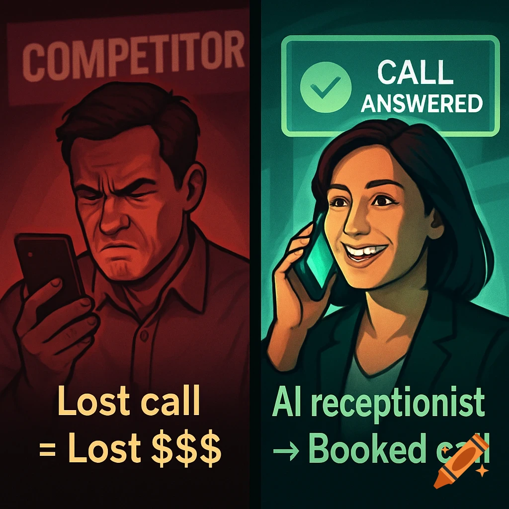 Split-screen illustration: a frustrated man on the left with 'COMPETITOR', 'Lost call = Lost $$$'; a smiling woman on the right with 'CALL ANSWERED', 'AI receptionist -> Booked call'.