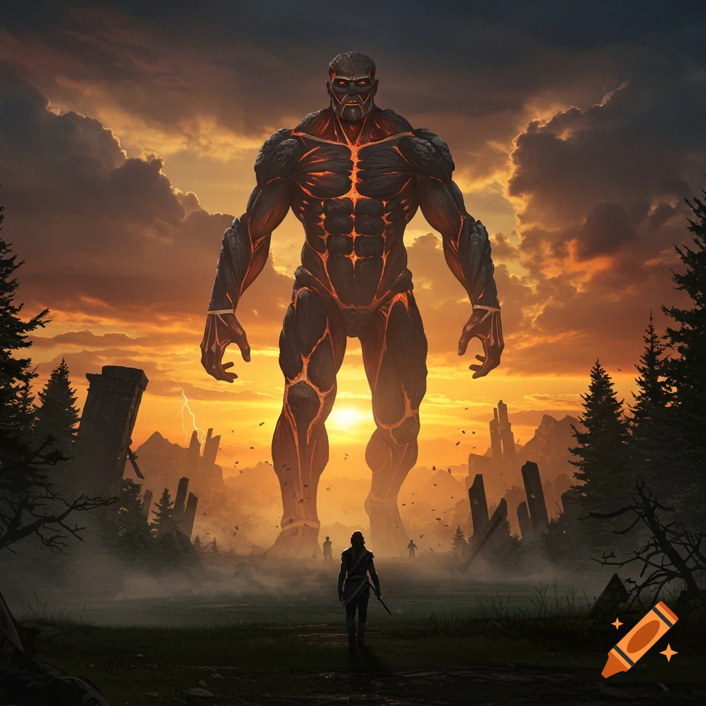 A colossal, muscular creature with glowing cracks towers over a lone figure in a desolate, ruined landscape at sunset. Digital art.