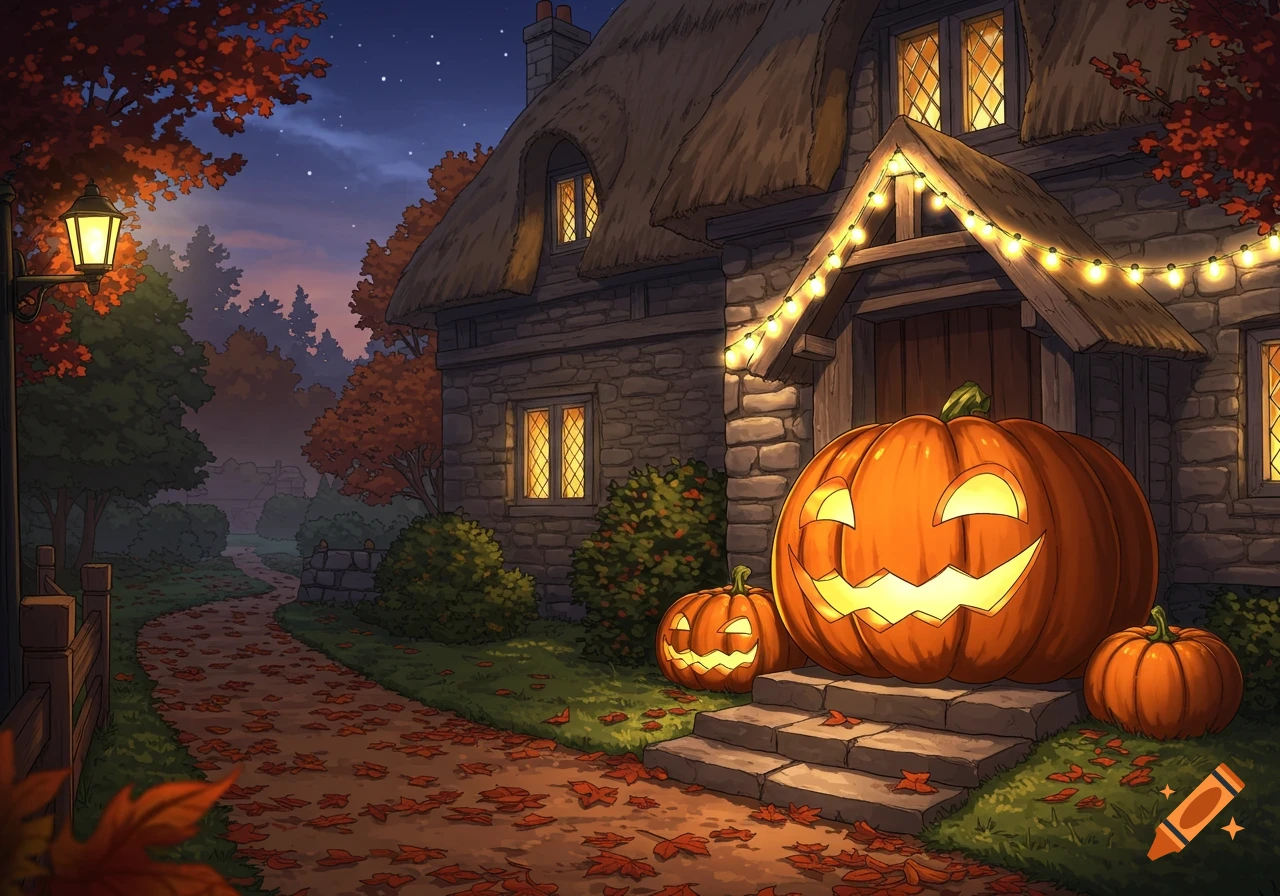 An illustrative Halloween scene at night with a stone cottage, glowing jack-o'-lanterns on the steps, string lights, and autumn leaves.