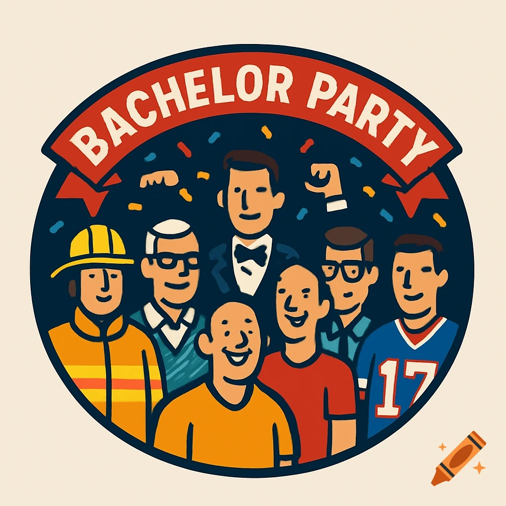 A colorful logo-style illustration depicts seven smiling men in different roles, including a groom in a bow tie, a firefighter, and a football fan, with "BACHELOR PARTY" written on a banner above them and confetti in the background.