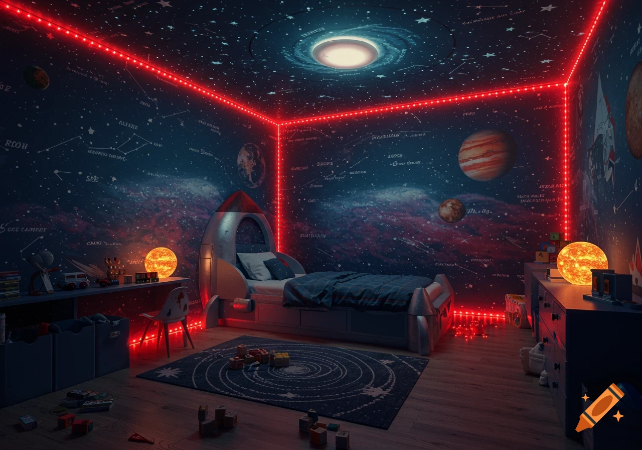 A dark blue and red space-themed boy's bedroom with a rocket bed, planets on the walls, and glowing red LED lights.