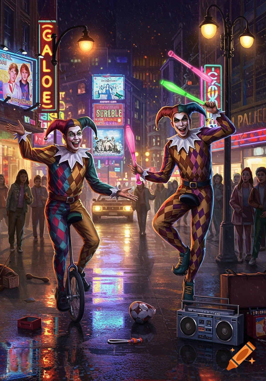 Two jesters in colorful diamond-patterned suits, one on a unicycle, juggle glowing clubs on a wet city street at night under neon signs, in a 1980s style.