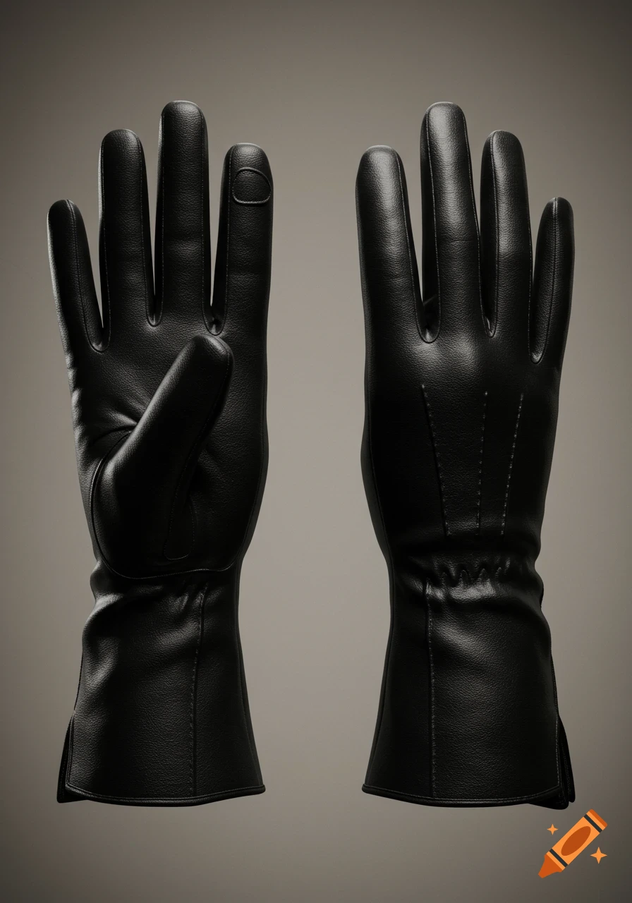 Two photorealistic black leather gloves, one facing forward, the other backward, on a plain background.