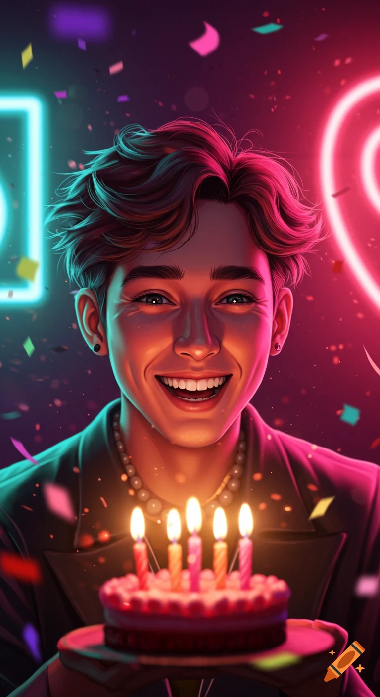 A smiling young man holds a small birthday cake with lit candles in a vibrant neon-lit celebration scene, digital art.