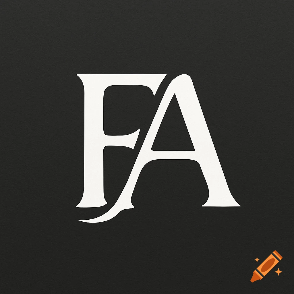 A white stylized logo of the letters FA on a dark gray textured background.