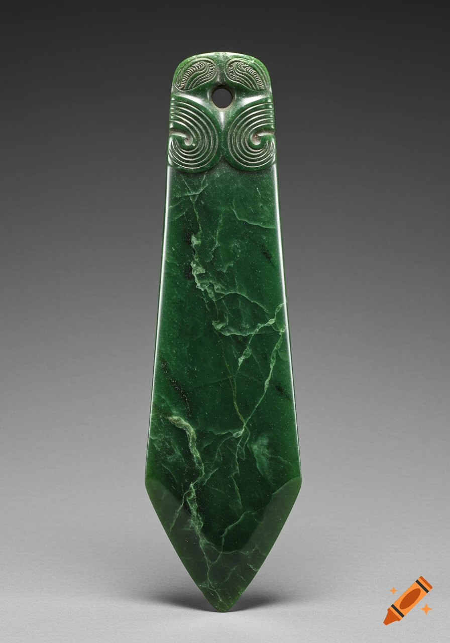 A dark green carved Māori pounamu mere, a polished jade short club weapon, on a neutral background.