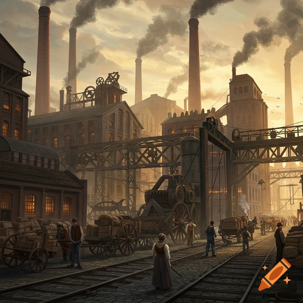 An expansive industrial revolution cityscape at dusk with smoking factories, a steam train, horse-drawn carts, and people. Atmospheric.