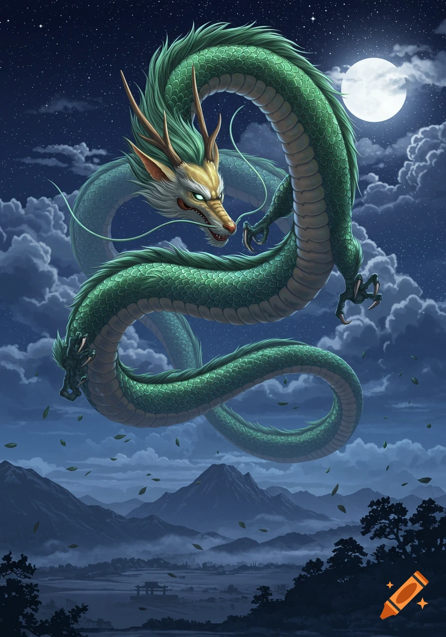 A majestic green Eastern dragon with golden face and glowing eyes flies under a full moon over misty mountains at night.
