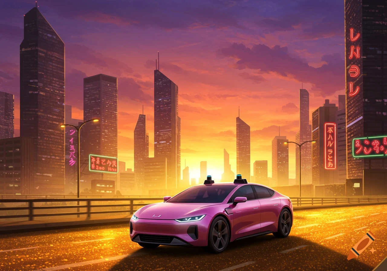 A pink autonomous car drives on a road through a futuristic city at sunset, with tall buildings and neon signs.