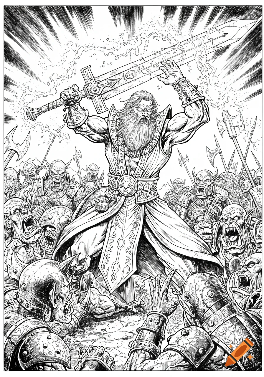 Detailed black and white line drawing of a bearded wizard holding a glowing sword, battling a horde of snarling orcs.