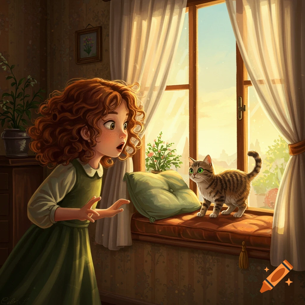 An illustrated scene of a surprised girl with curly red hair looking at a tabby cat sitting on a sunny windowsill.