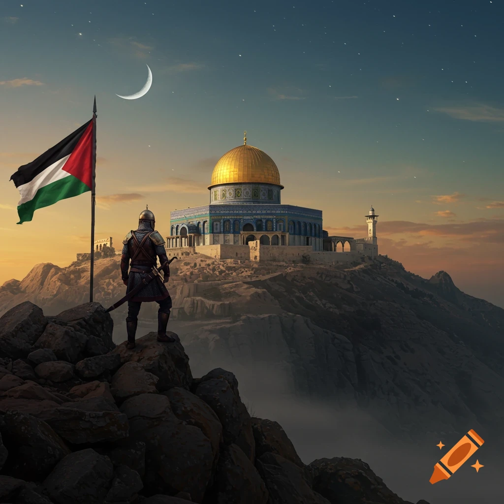 A warrior in armor stands on a rocky peak, overlooking the golden-domed Dome of the Rock mosque. A Palestinian flag flies nearby; a crescent moon hangs in the twilight sky.