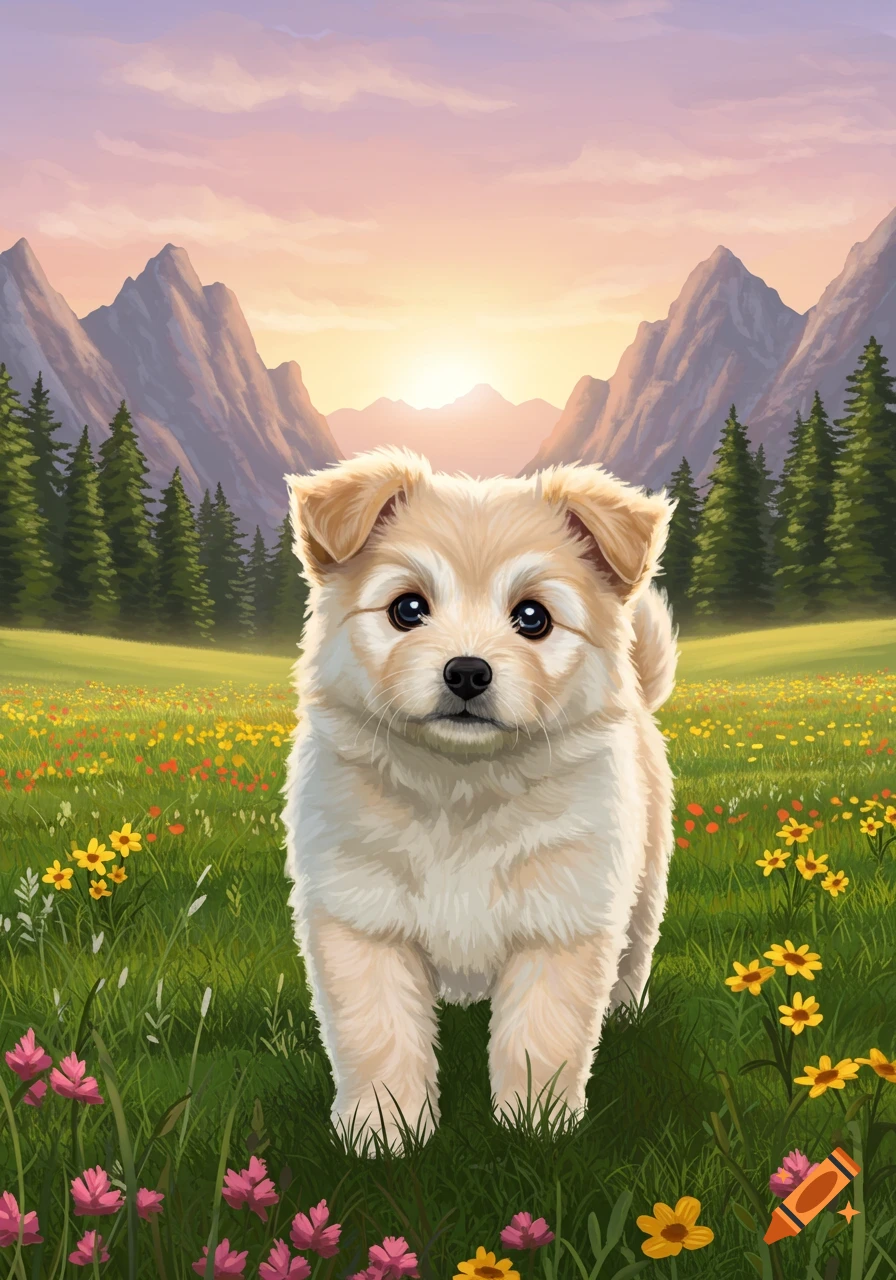 A cute fluffy puppy stands in a vibrant field of wildflowers with majestic mountains and a golden sunset in the background, illustration.