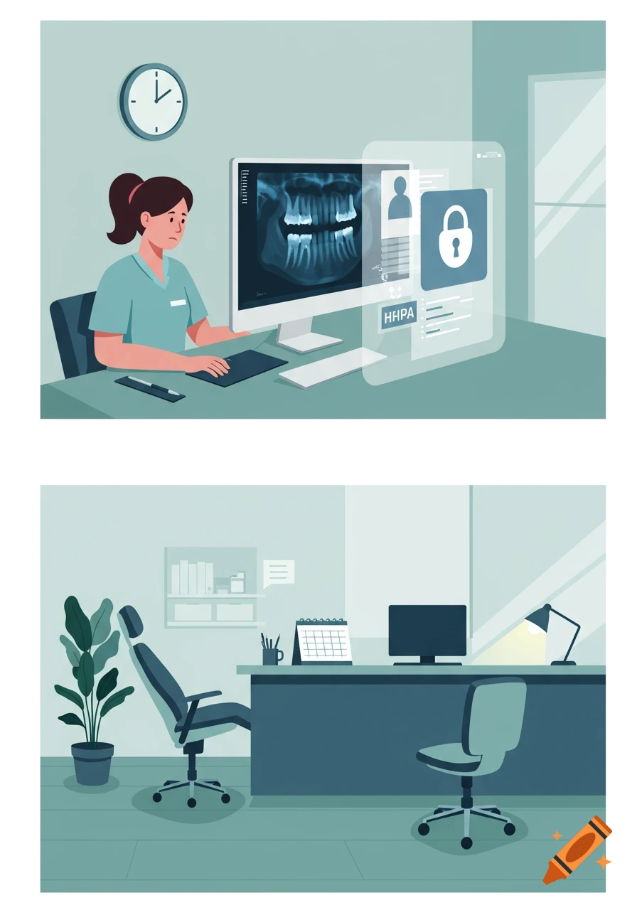 A two-part minimalist illustration showing a dental office. The top shows a dental assistant looking at a computer with a dental X-ray and privacy padlock icon. The bottom shows an empty dental office desk with a calendar and plant.