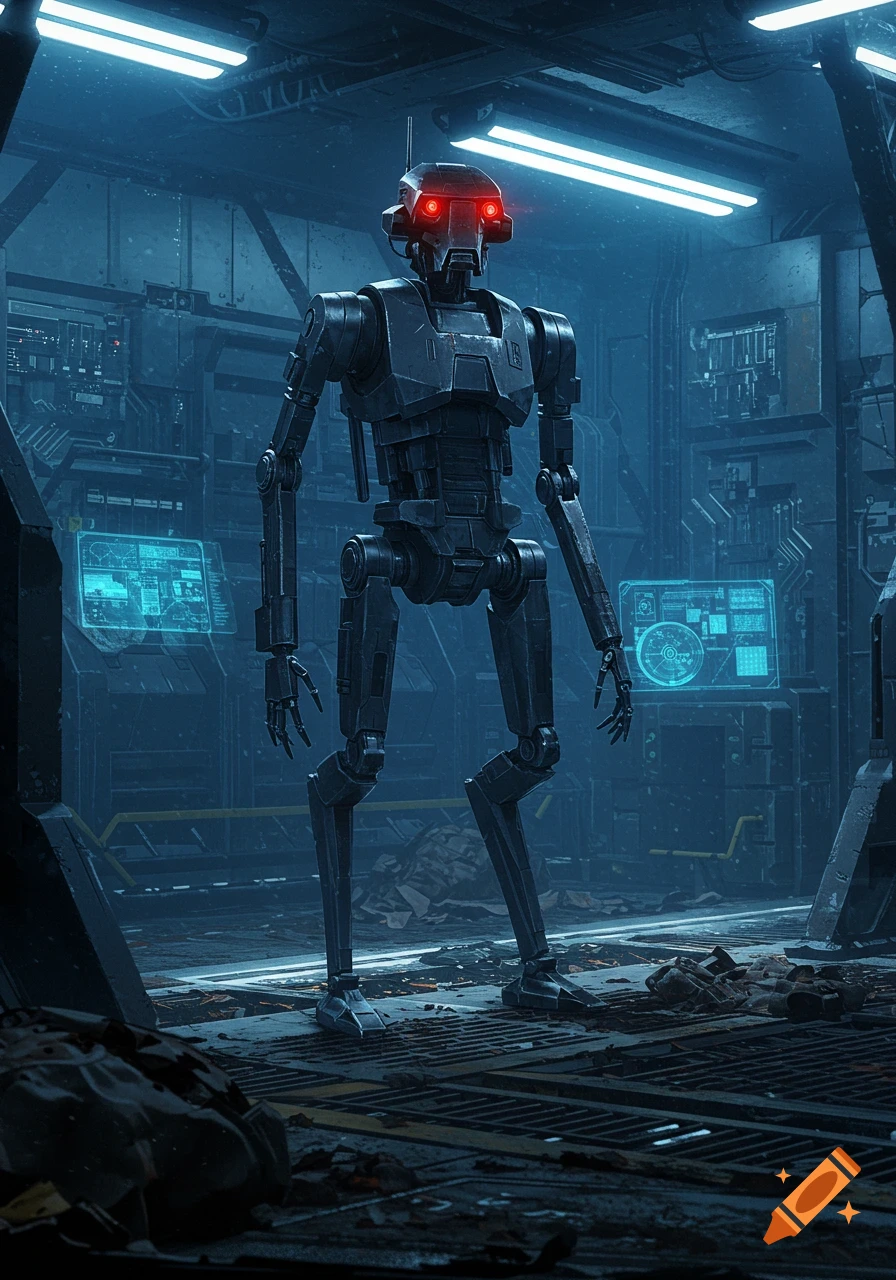 A tall, dark gray commando droid with glowing red eyes stands in a dim, futuristic, industrial setting.