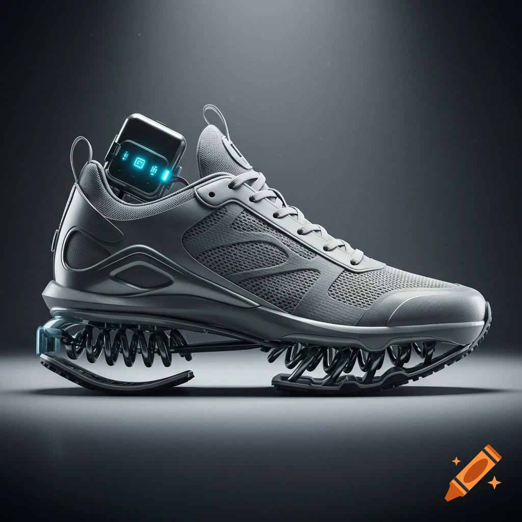 A futuristic gray sneaker with clear spring soles and a glowing blue battery pack on the heel against a dark background.