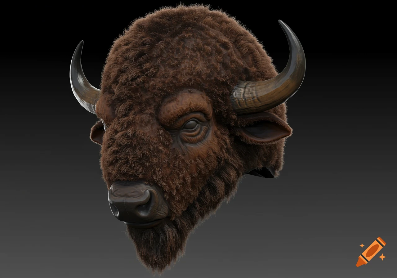 Close-up of a detailed 3D render of a brown bison or buffalo head with horns, against a dark gray background.