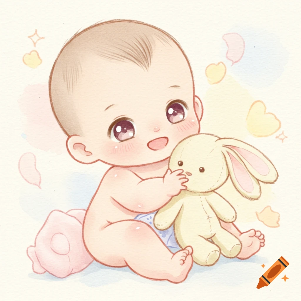 Cute chibi baby in a diaper playing with a stuffed bunny, in a soft pastel watercolor illustration.