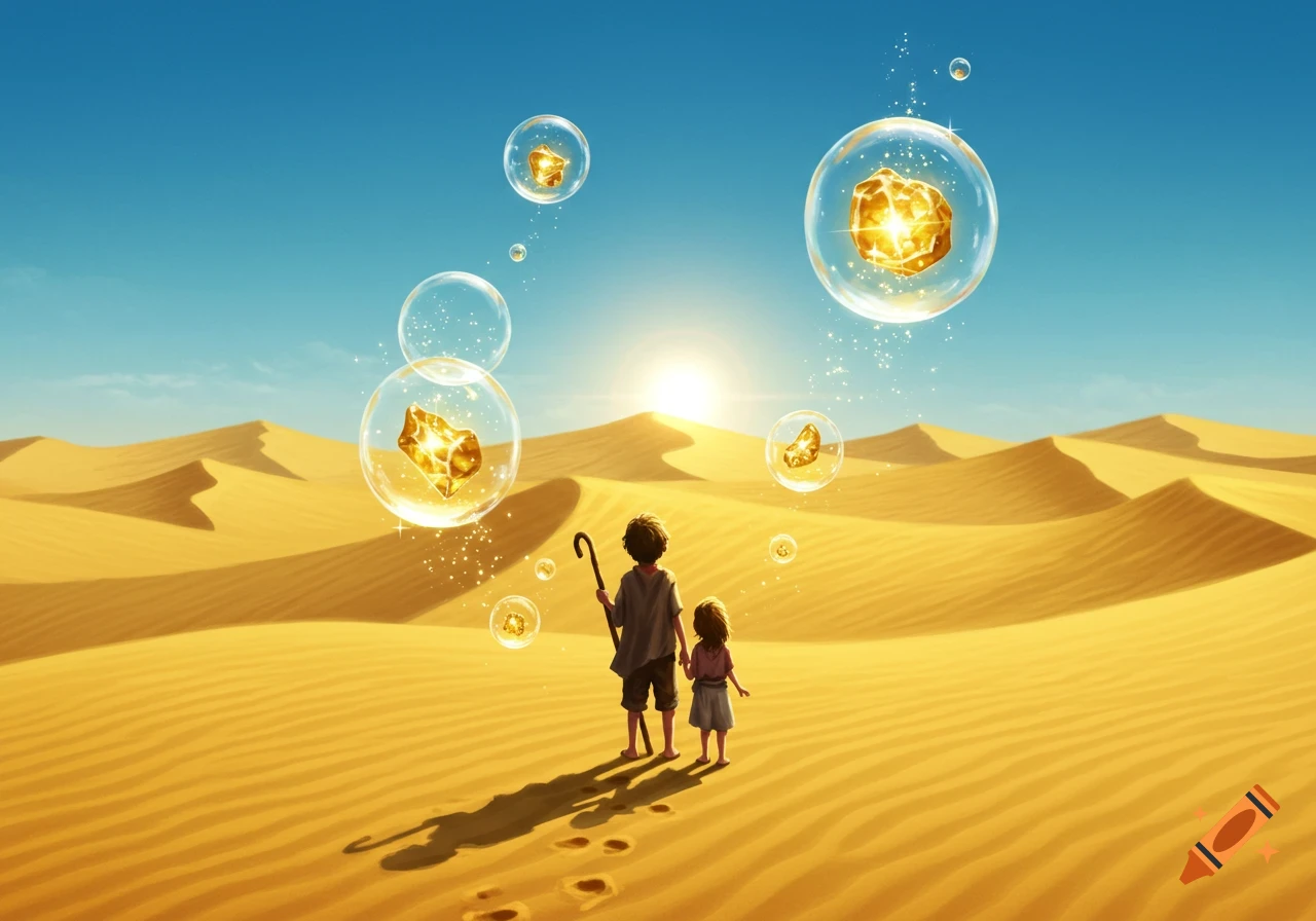 A boy and girl stand in a sunlit desert, watching floating bubbles filled with sparkling gold nuggets.
