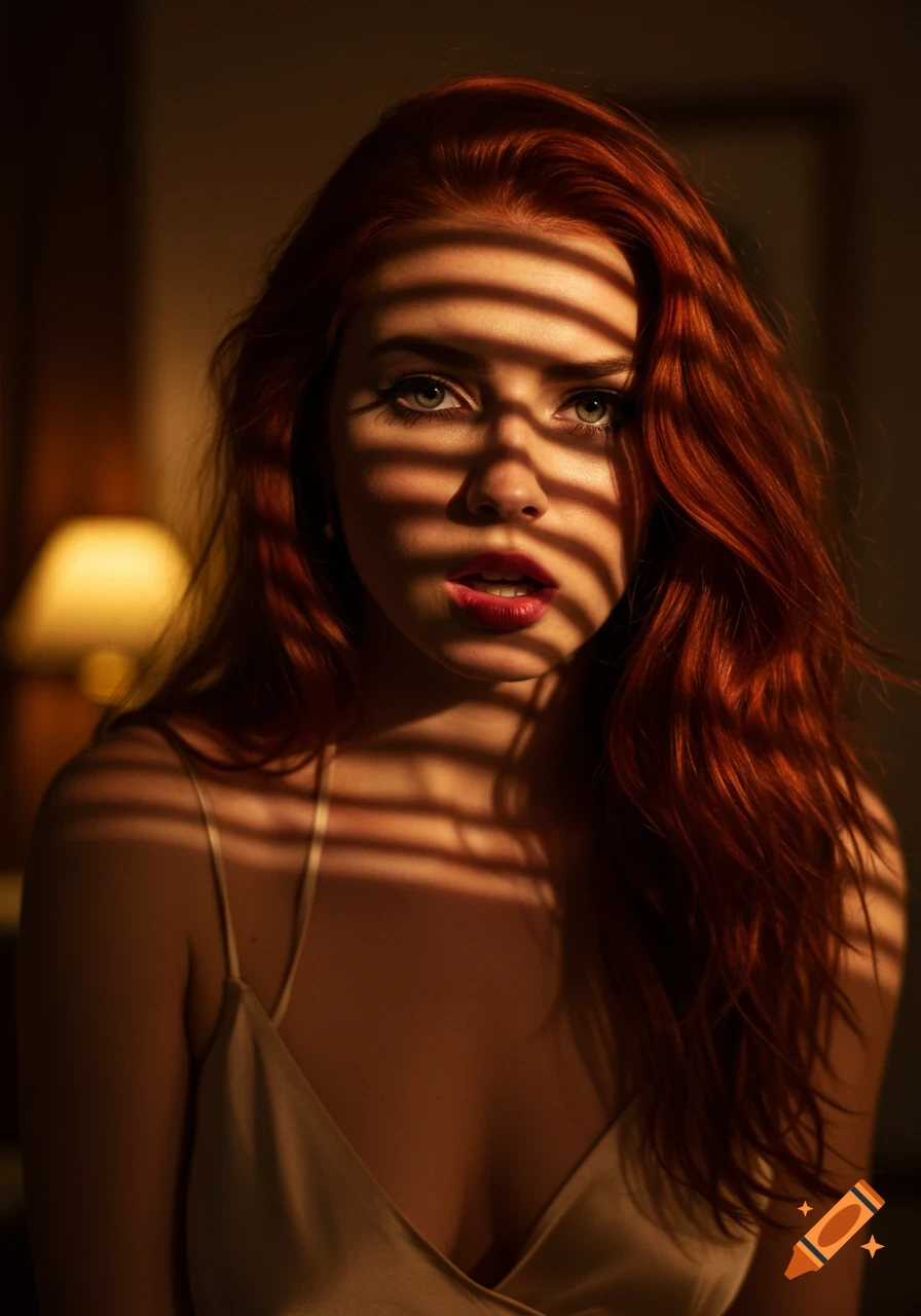 Photorealistic portrait of a red-haired woman with shadows from Venetian blinds across her face, wearing a silk slip.