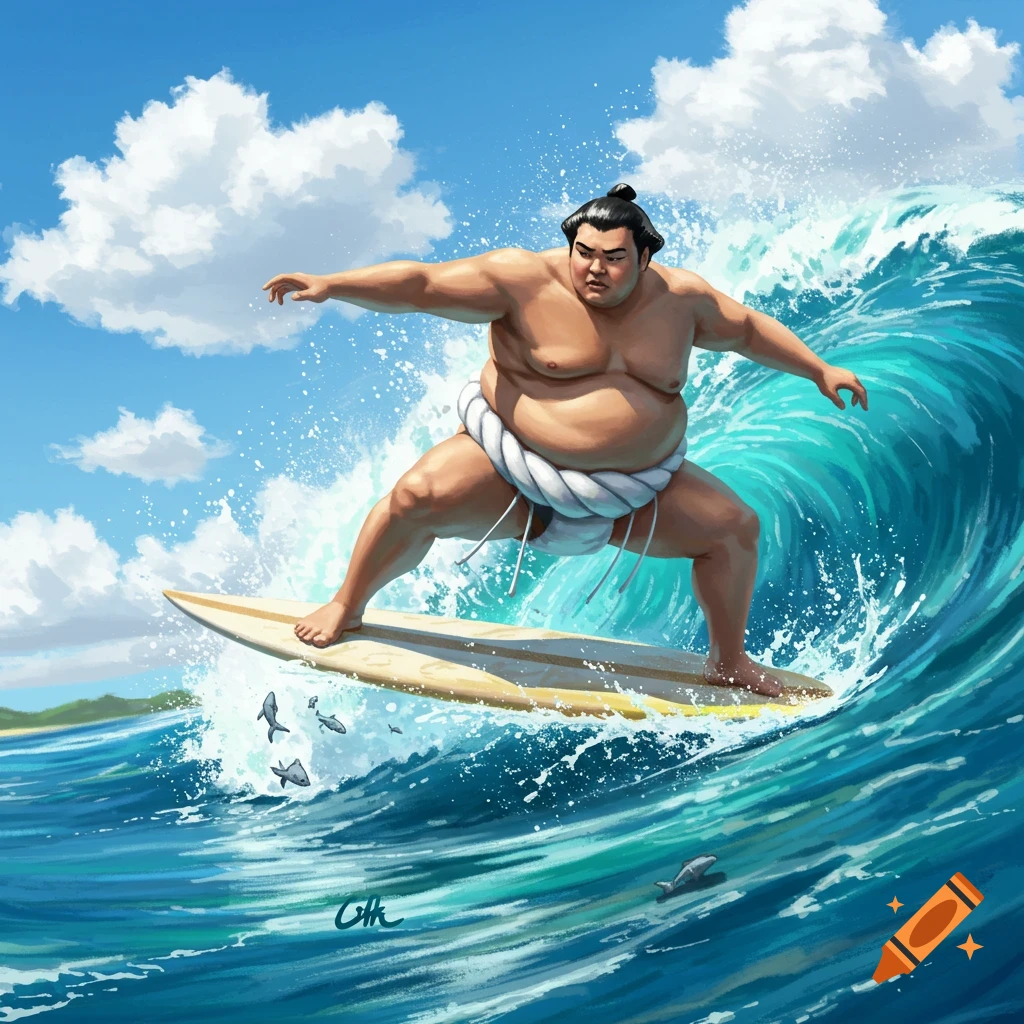 An illustrated sumo wrestler in a mawashi surfs a large blue wave under a sunny sky, with fish jumping from the water.