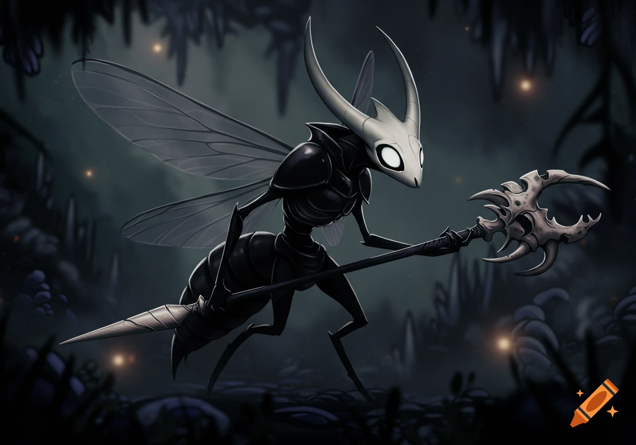A dark, insect-like fantasy creature with a horned mask and glowing eyes, holding a bone spear in a shadowy environment, Hollow Knight style.