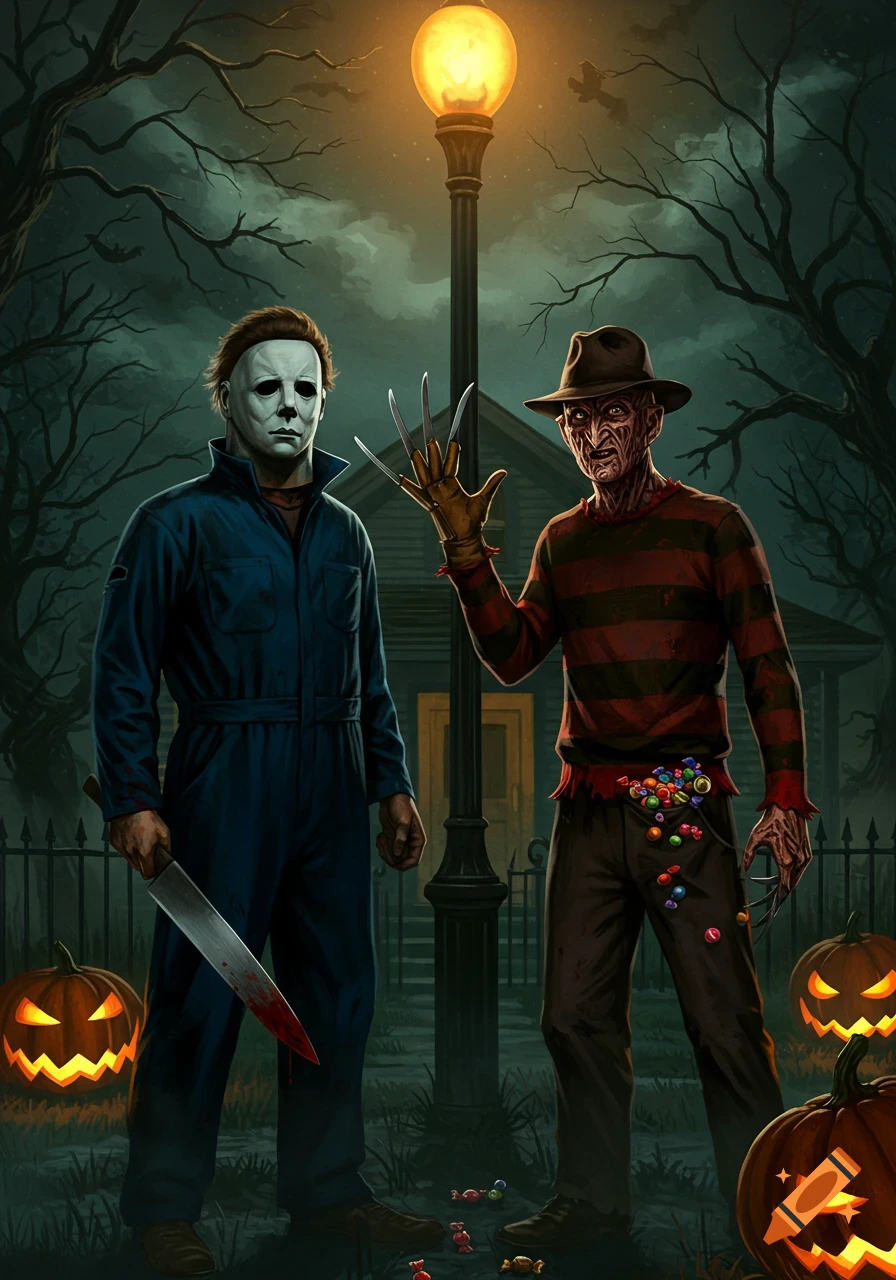 Michael Myers with a bloody knife and Freddy Krueger with a clawed glove stand under a lamppost, surrounded by pumpkins.