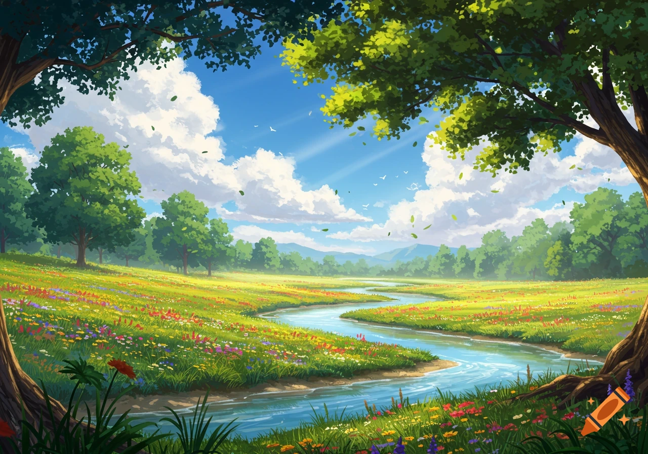 Vibrant landscape painting with a winding river through a wildflower meadow, surrounded by lush trees under a bright blue sky.