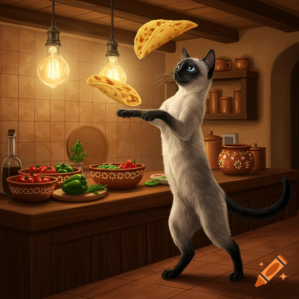 A cute Siamese cat stands on its hind legs in a rustic kitchen, juggling two tortillas. Vegetables are on the counter.