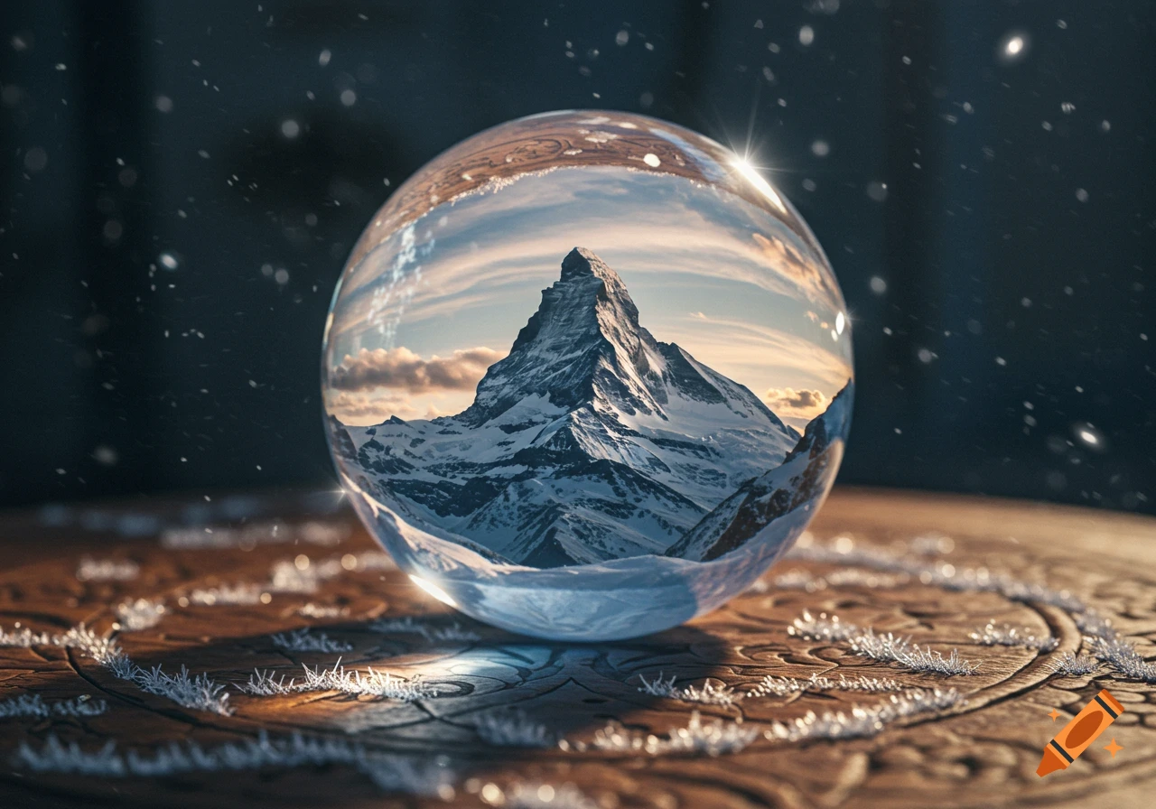 A clear crystal ball enclosing a majestic snow-covered mountain, resting on a carved wooden surface with falling snow.