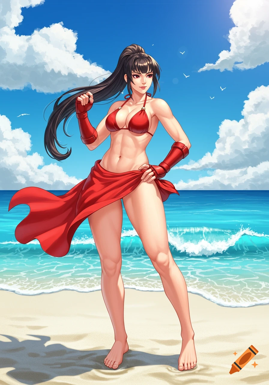 Anime woman with long dark hair, wearing a red bikini and sarong, stands on a sunny beach with waves in the background.