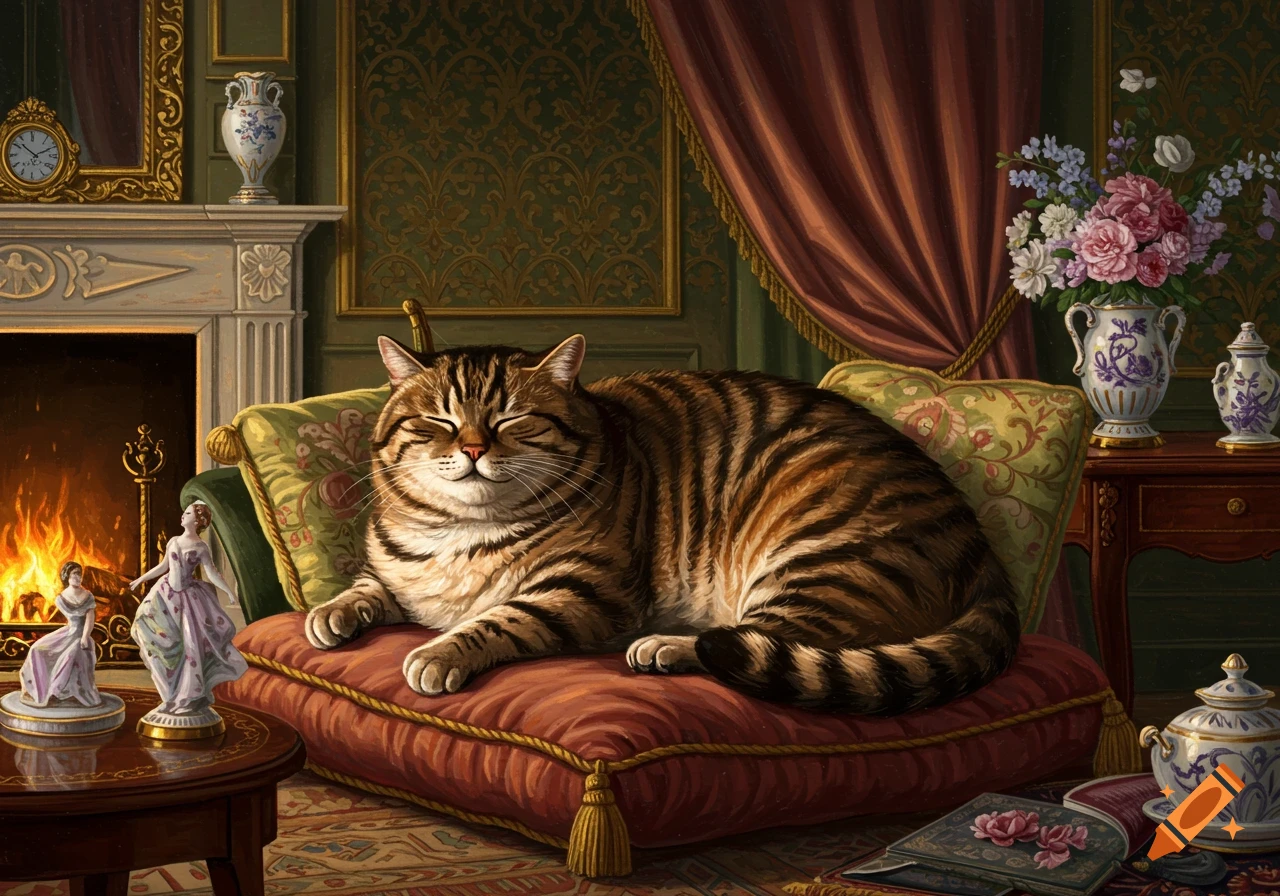 A large, sleeping tabby cat rests on a red cushion in a grand room with a fireplace and flowers, in a painterly style.