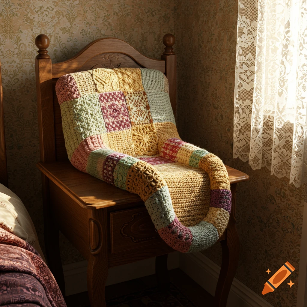 A colorful, patchwork crocheted backrest pillow on a wooden chair next to a sunlit window with lace curtains in a cozy room.