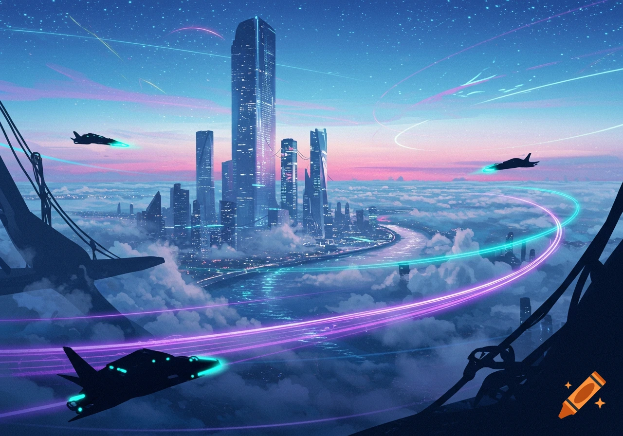 Vibrant futuristic cityscape at dusk with towering skyscrapers, a glowing river, flying vehicles, and colorful light trails under a starry sky.