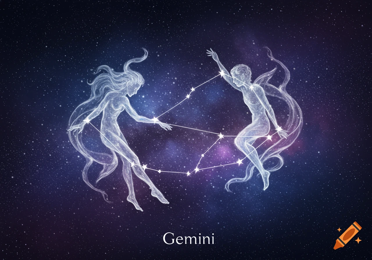 Ethereal Gemini zodiac constellation with two figures in a starry galaxy.