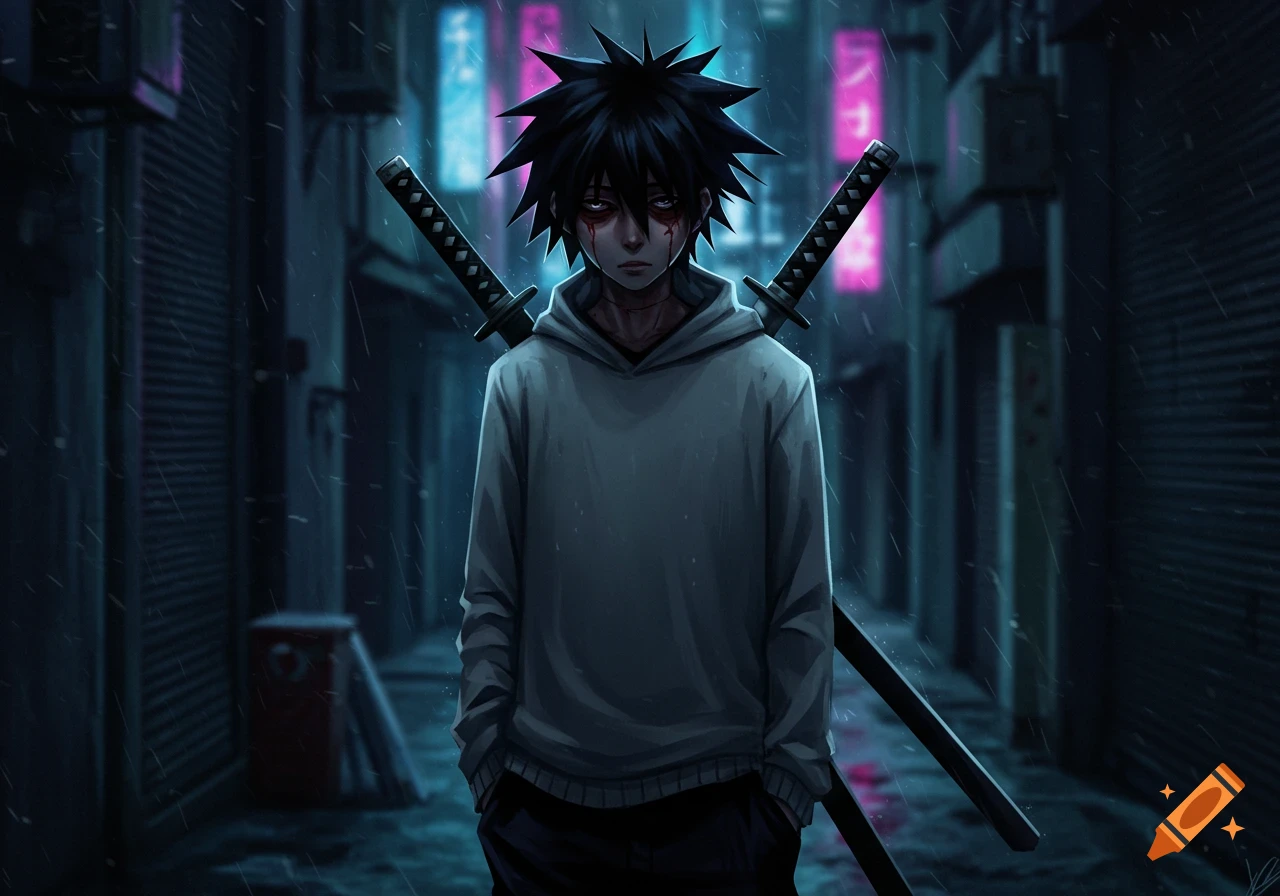 An anime-style teenage man with spiky black hair, bloodshot eyes, and blood streaks on his face wears a grey hoodie with two katanas on his back. He stands in a dark, rainy alleyway with neon signs.
