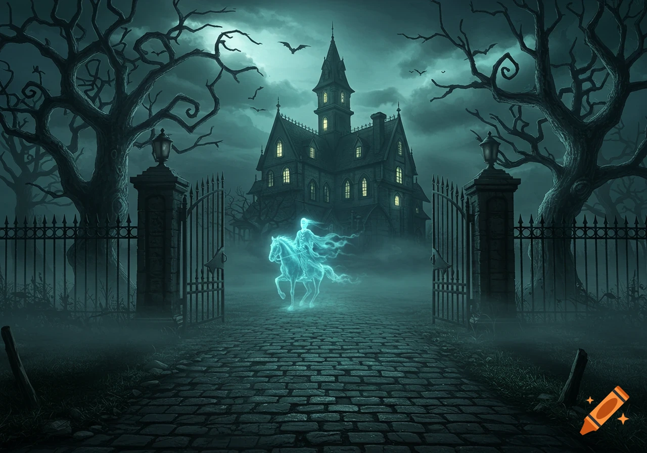 Ghostly horseman rides towards a spooky Gothic haunted manor through misty gates and twisted trees under a dark, cloudy sky. Dark fantasy art.