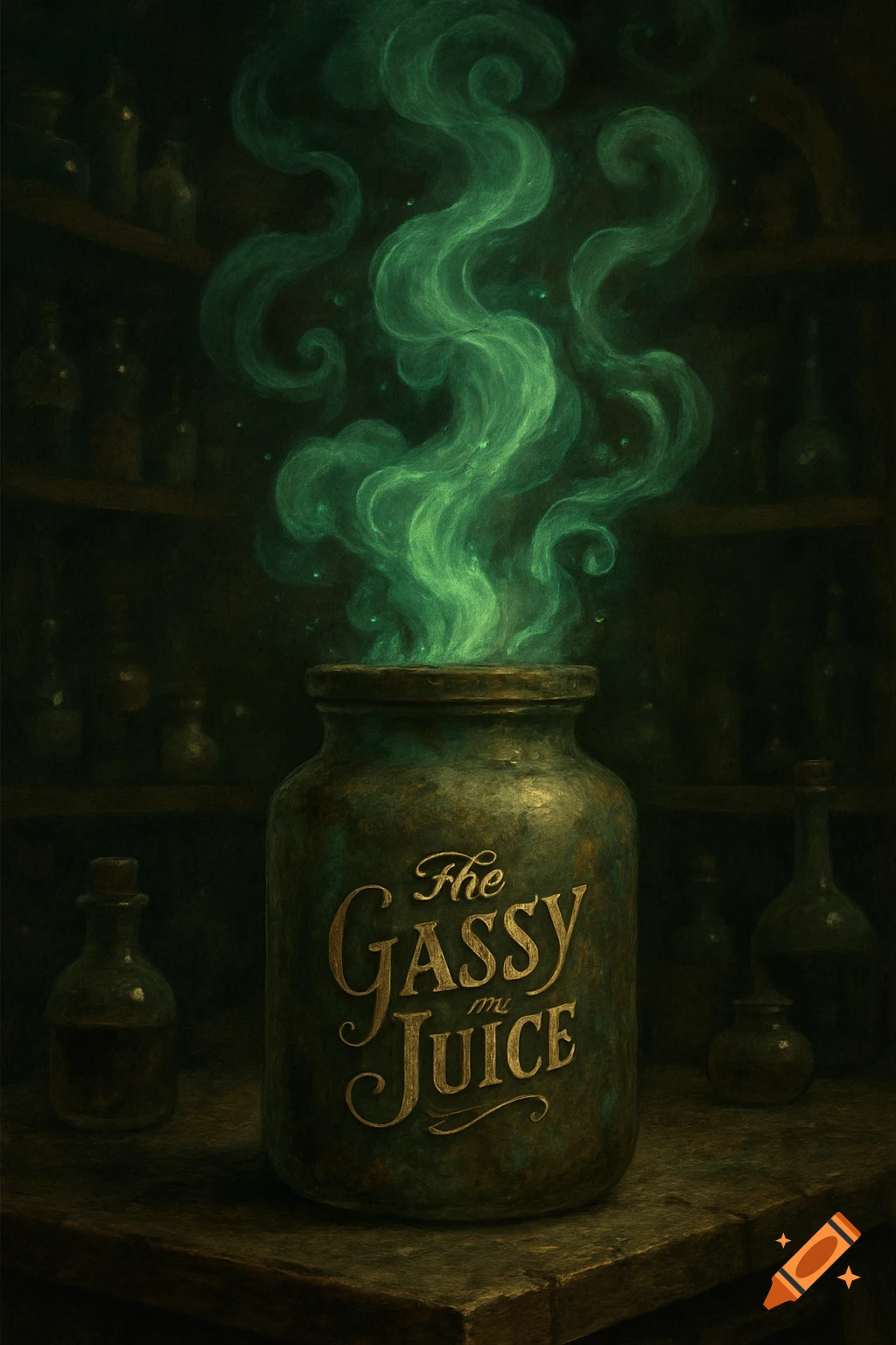 An old, metallic jar labeled "The Gassy Juice" emitting vibrant green smoke, surrounded by other dark bottles in a dim room.