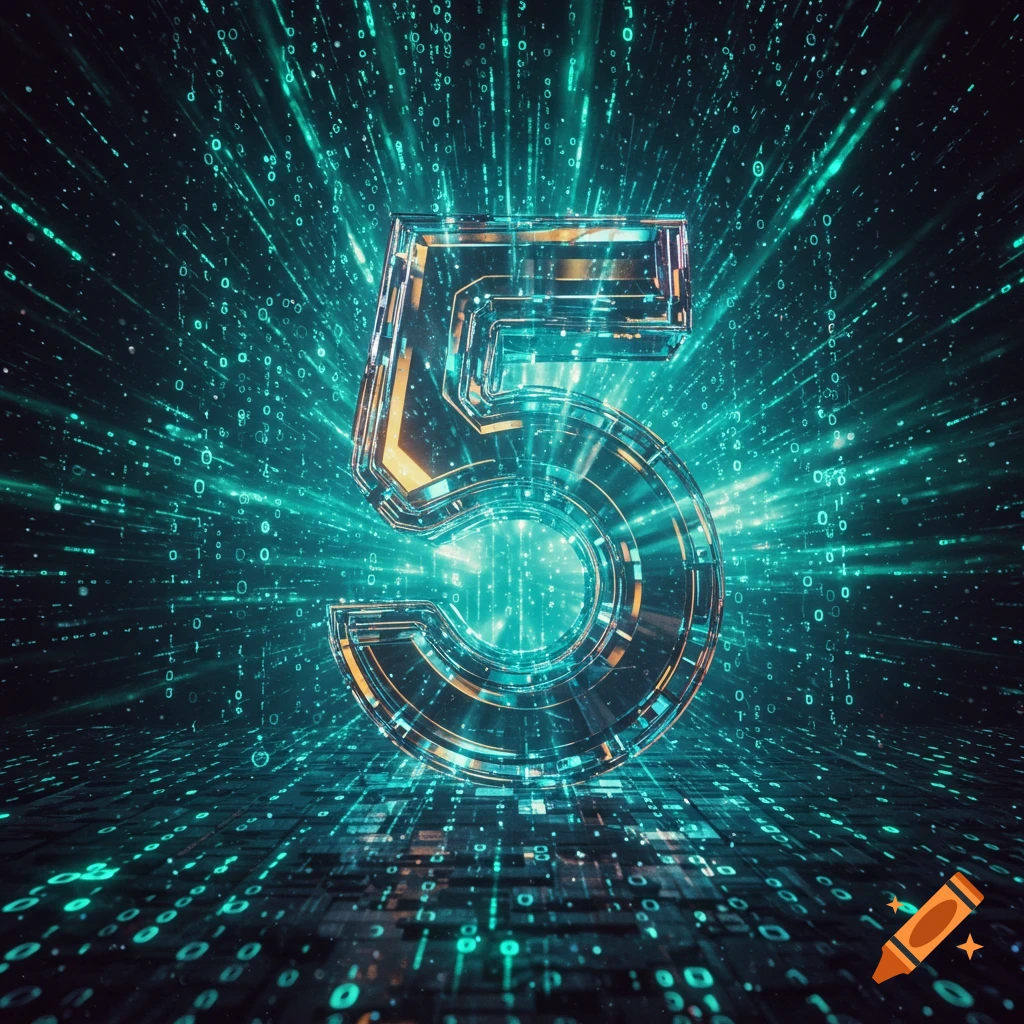 A glowing, digital number 5 with circuit patterns surrounded by radiating teal lines and binary code on a dark background.