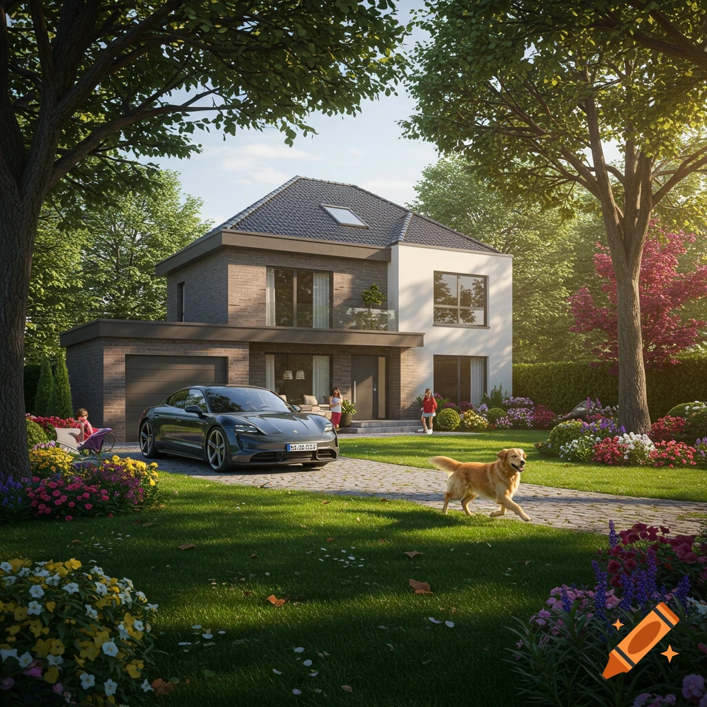 A modern house with a large, landscaped garden, a grey Porsche Taycan in the driveway, a golden retriever, and people outside. Photorealistic.