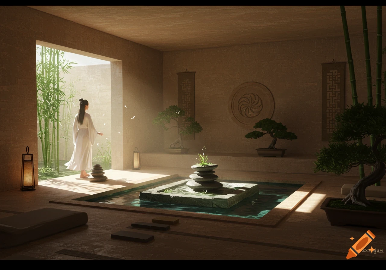 A serene Zen-inspired room with a woman in white looking out a large window to bamboo, a pond with stacked stones, bonsai, and traditional decor.
