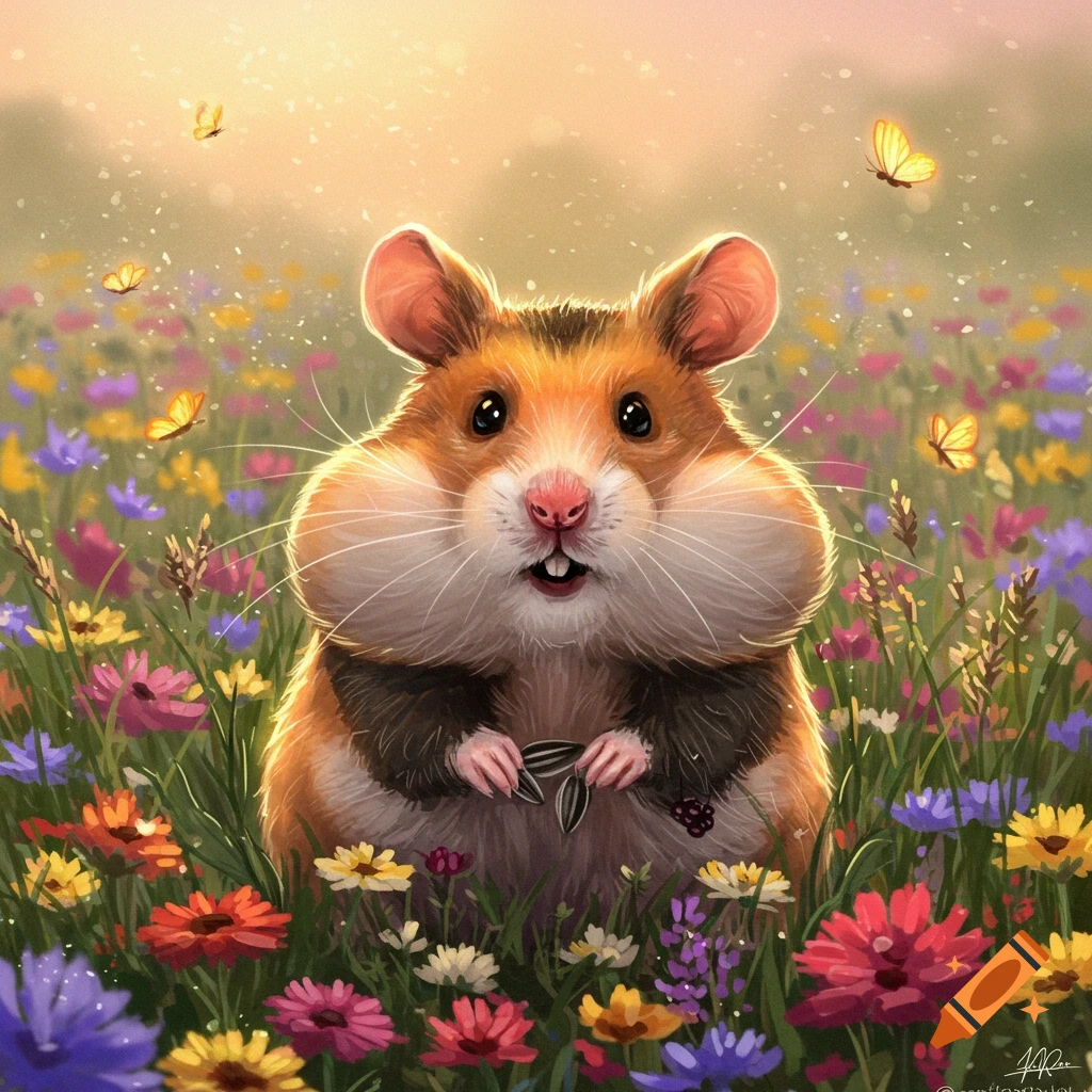A cute, fluffy hamster sits smiling in a vibrant field of colorful wildflowers and butterflies, in an illustrative style.