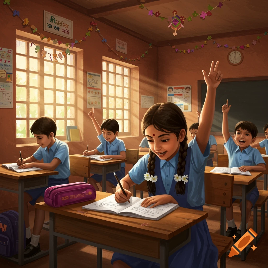 Children in blue uniforms sit at wooden desks in a sunlit classroom, writing in books and raising their hands.